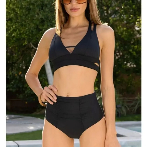 Becca Ruched High Waist Bikini Botttoms - Picture 1 of 8